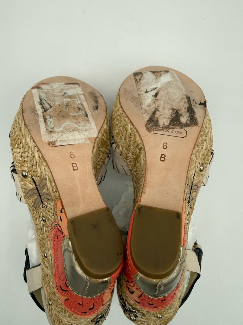 Coach Justeen Wedge Sandals Beige Leather Floral Platform Espadrille Heels - Picture 11 of 17